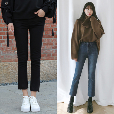 黑色春秋新款高腰九分直筒牛仔裤