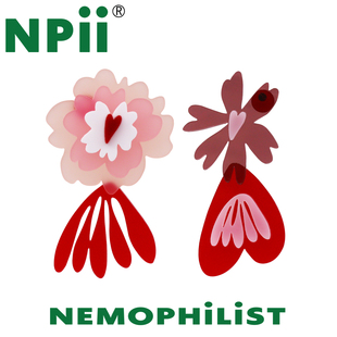 NPii2024SS爱心花耳环原创设计春夏粉红花花亚克力耳钉耳夹