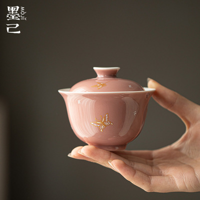 豇豆红陶瓷盖碗 功夫茶具烫金蝴蝶家用茶碗 金银错舞蝶盖碗
