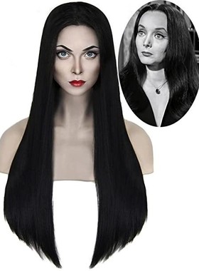 亚当斯一家Addams妈妈 黑色中分长直发万圣节假毛cosplay假发头套