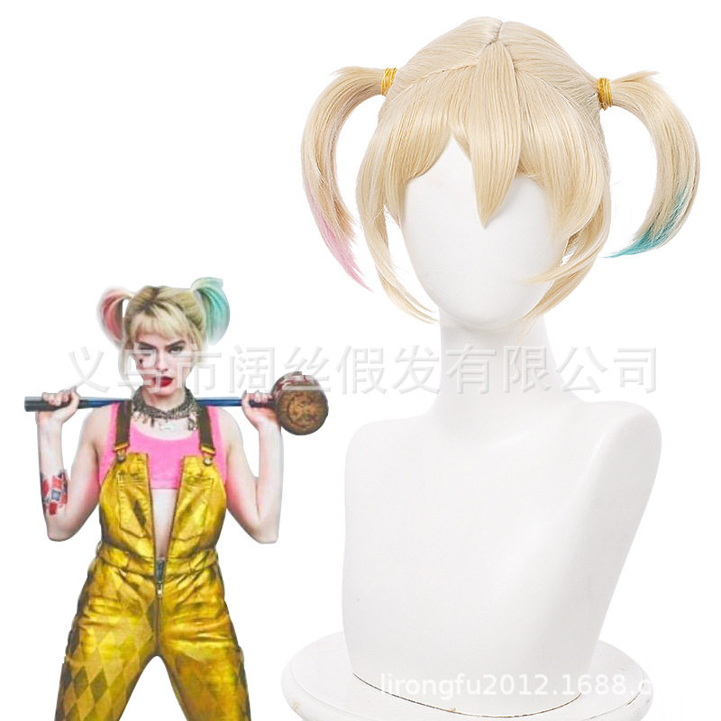 猛禽小队和哈莉奎因小丑女 金色拼蓝色粉色短发马尾假毛cos假发