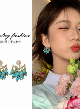 《松绿瀑布》一款两戴珍珠耳钉女小众轻奢绿色串珠流苏耳环耳饰潮