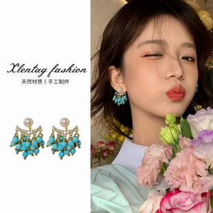 《松绿瀑布》一款两戴珍珠耳钉女小众轻奢绿色串珠流苏耳环耳饰潮