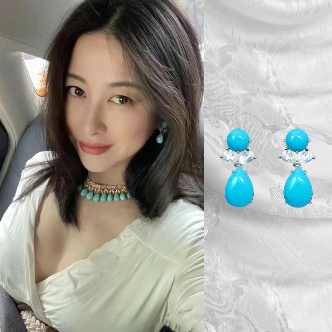 《美人湖》朱珠同款绿松石耳钉新中式国潮满钻轻奢高级感耳环耳饰