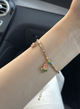 中古滴釉珐琅油画花朵郁金香手链