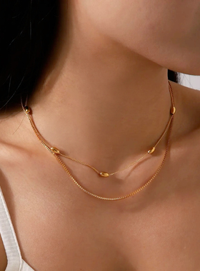 《缪斯》老佛爷超模限定款叠戴项链欧美椭圆珠双层锁骨链颈链女