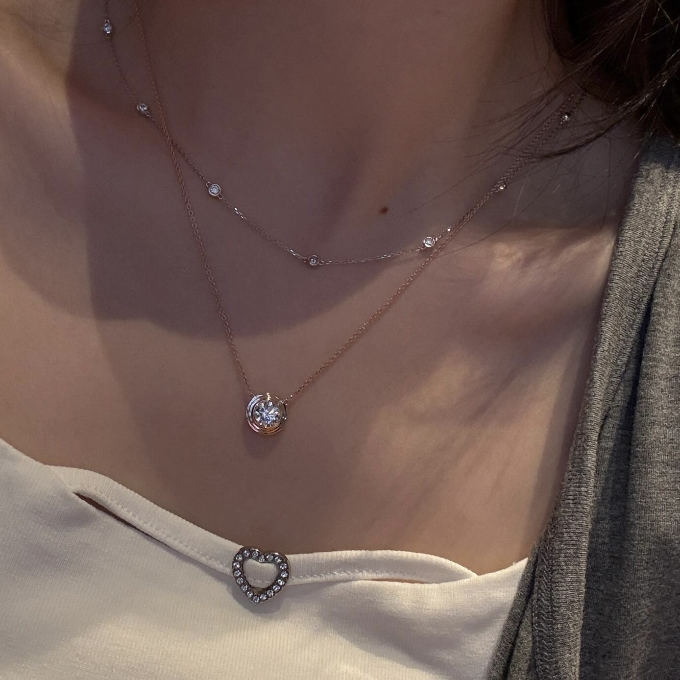 《小飞碟》卡家可叠戴单钻小飞碟泡泡项链女轻奢高级玫瑰金锁骨链