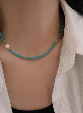 绿松石珍珠圆珠项链女锁骨链