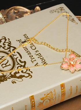 《蜜柚桃花》法式复古花朵项链金色合金粉色吊坠轻奢高级感锁骨链