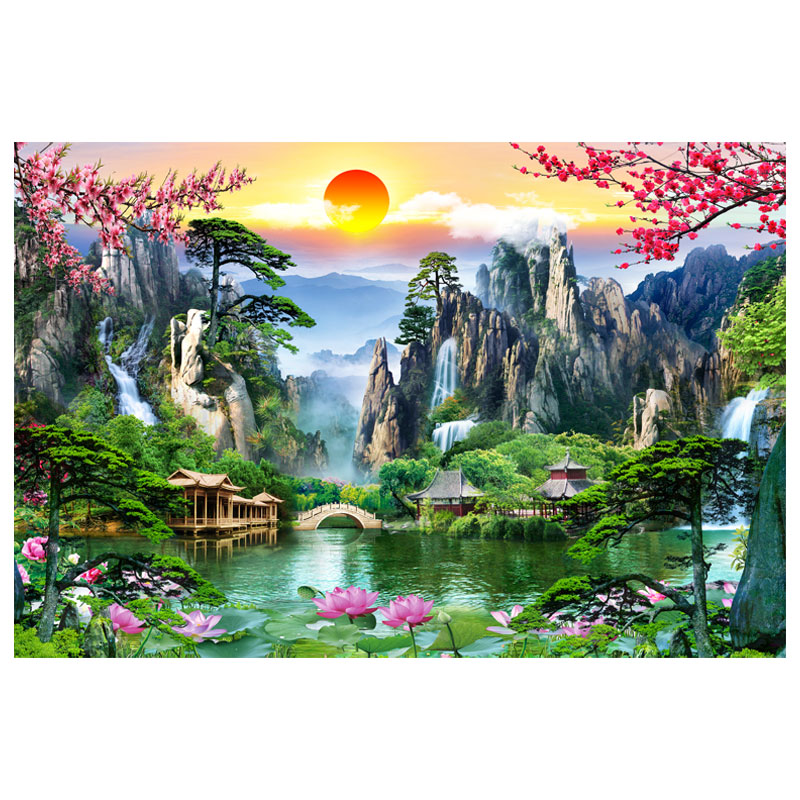 佛堂沙发无活物仙堂画有山有水松树亭子风景画贴纸画流水生财墙贴