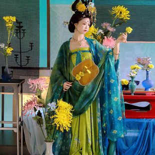 新款唐制「浮碧」齐胸涧褶裙月光紫披帛青绿剪花纱大袖衫春夏套装