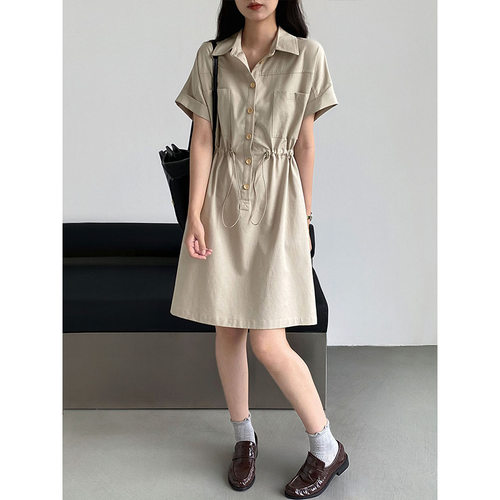 江左 高级卡其色工装连衣裙女夏新款韩系休闲收腰显瘦衬衫裙 6583