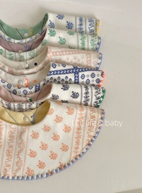 韩国同款婴儿口水巾纯棉贝壳绣工艺围兜AB双面可用宝宝围嘴1-2岁