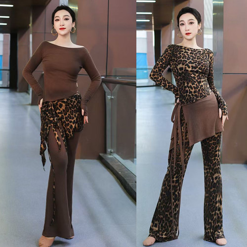迷迭舞新款肚皮舞练功服套装豹纹上衣喇叭裤绑带臀巾腰链舞蹈服