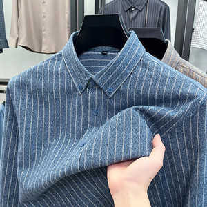 2026新款春秋季条纹长袖衬衫男翻领纯棉商务休闲免烫中年男士衬衣