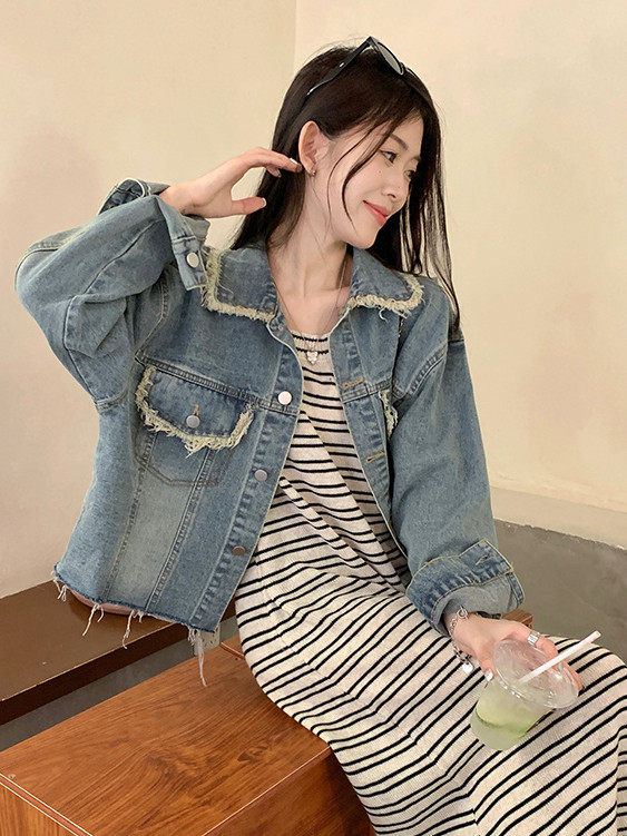 复古高级感毛边流苏牛仔外套女春秋季宽松小个子百搭短款夹克上衣
