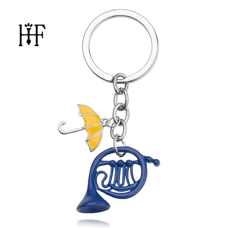 @.Hot Blue Horn Small Yellow Umbrella Keychain Metal Pendant