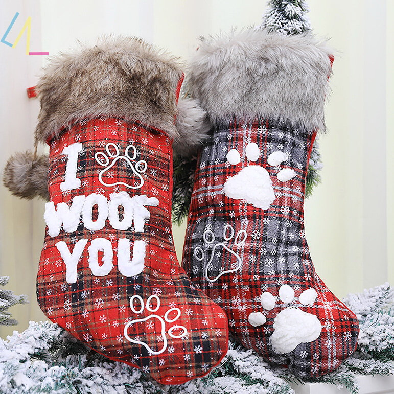 christmas stocking socks xmas letter dog paw candy gift bag