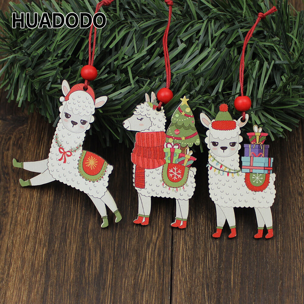 huadodo 3pcs wooden alpaca christmas pendants ornaments xmas