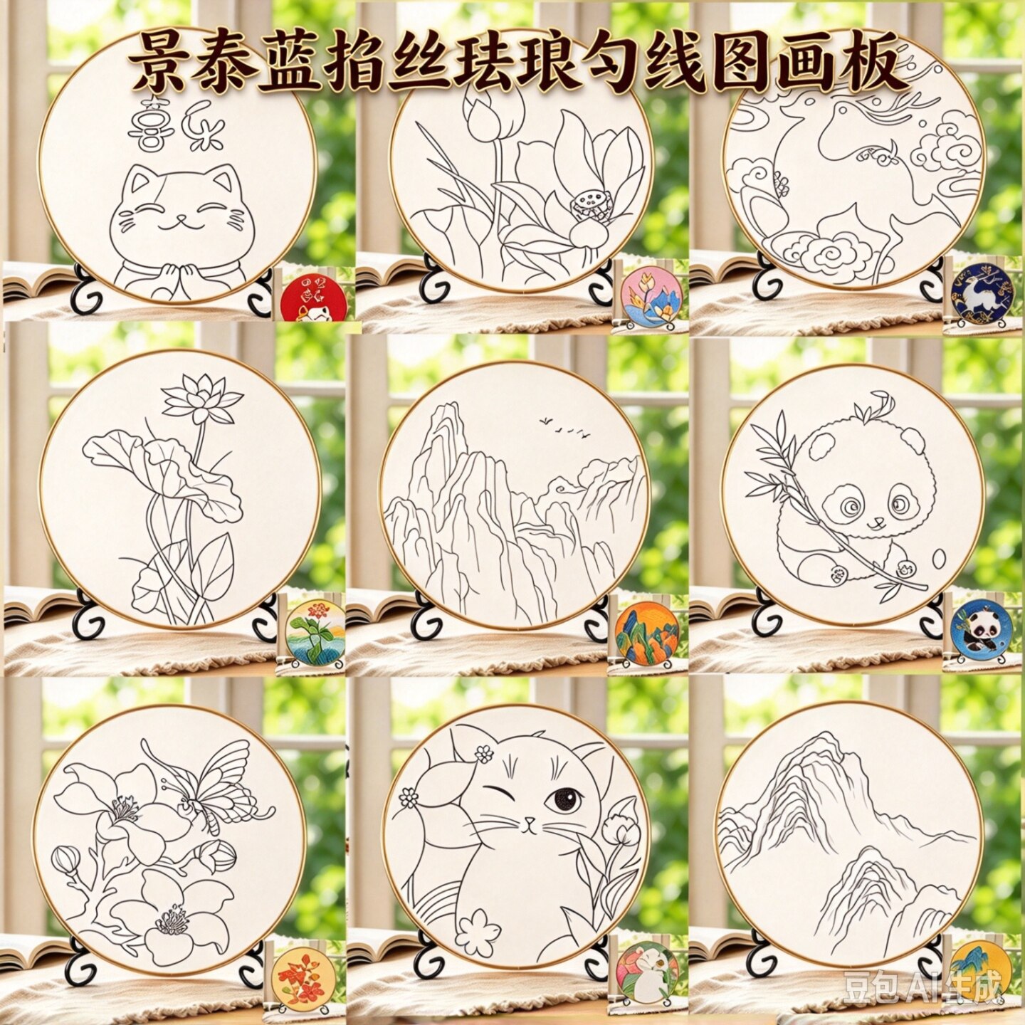 景泰蓝diy勾线图掐丝珐琅底板金丝彩沙画板激光雕刻底板免描图