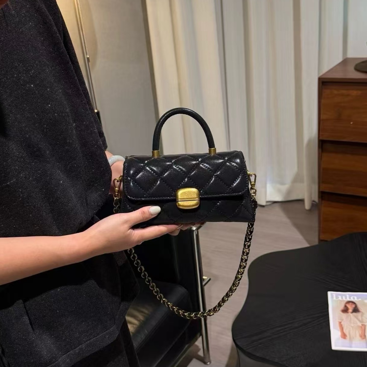 流行复古小众mini手提包包女小香风菱格链条包百搭单肩斜挎小方包