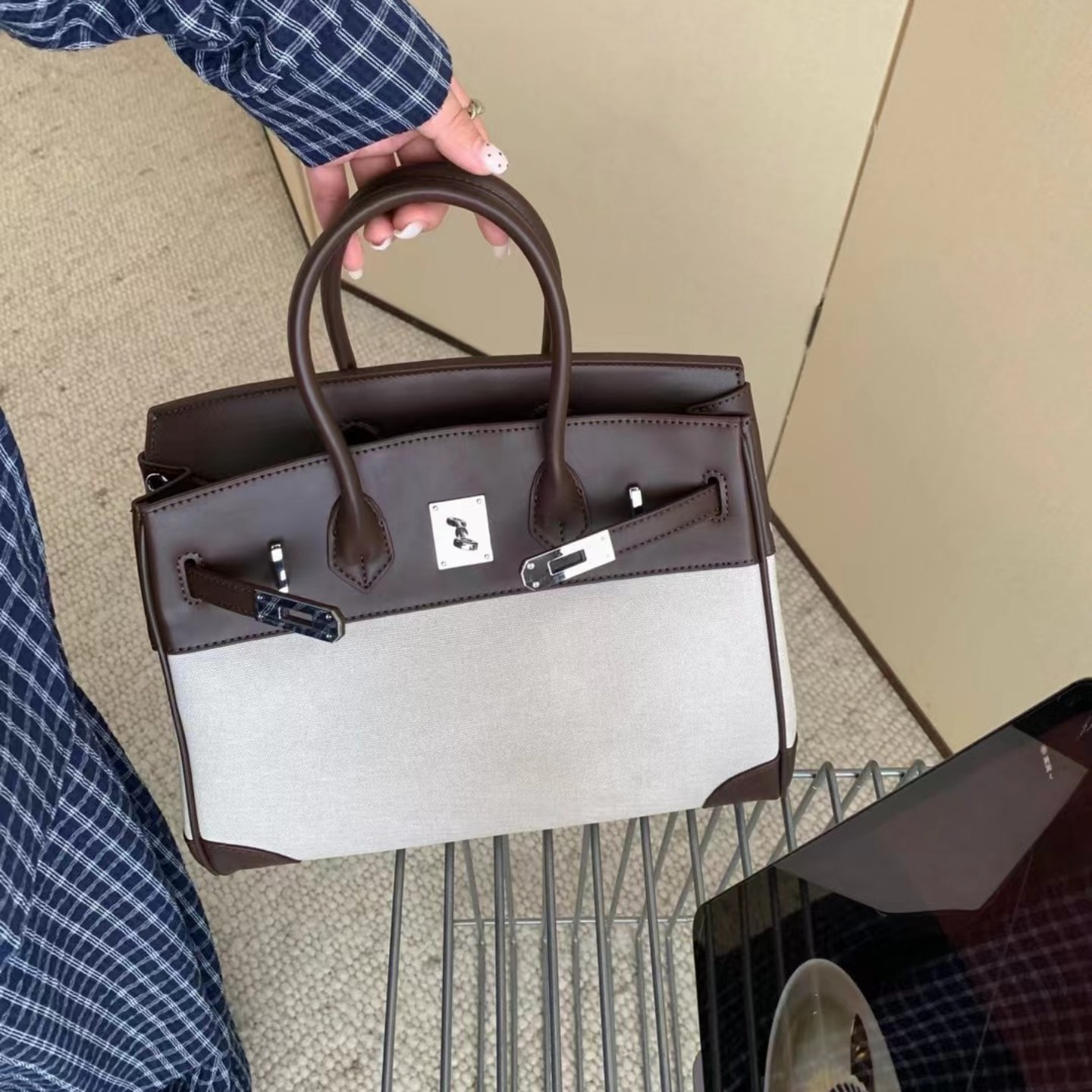 欧美时尚百搭帆布拼皮铂金包女式通勤手提包经典流行撞色托特包潮