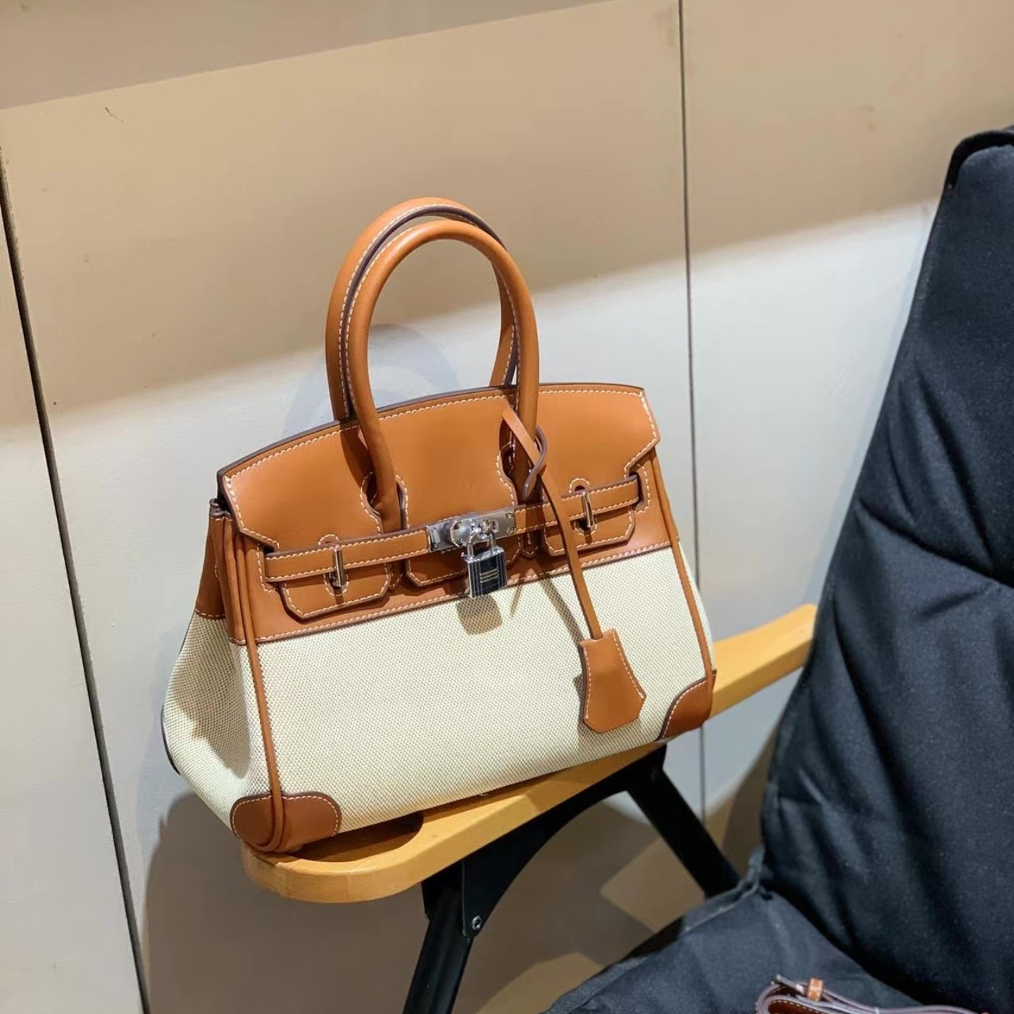 欧美时尚大容量手提包包时髦撞色帆布拼皮凯莉铂金包通勤女包新款