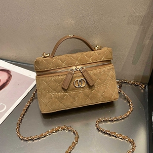 秋冬女包小香风化妆盒子包磨砂皮菱格链条小方包手提斜挎包迷你包
