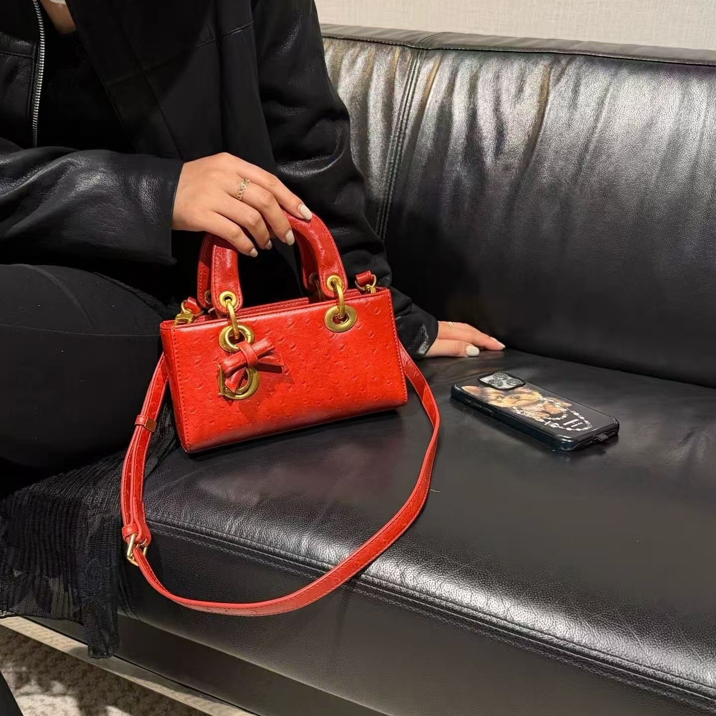 韩国七夕情人节鸵鸟纹戴妃包名媛风蝴蝶结手提包包女单肩斜挎小包