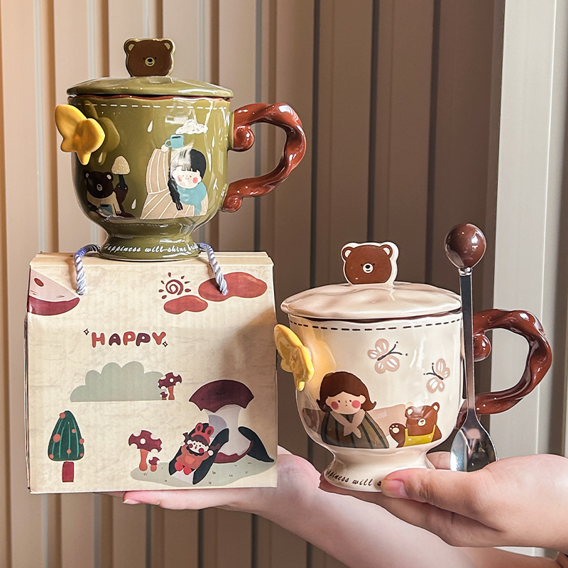 ins风复古浮雕蝴蝶陶瓷杯马克杯