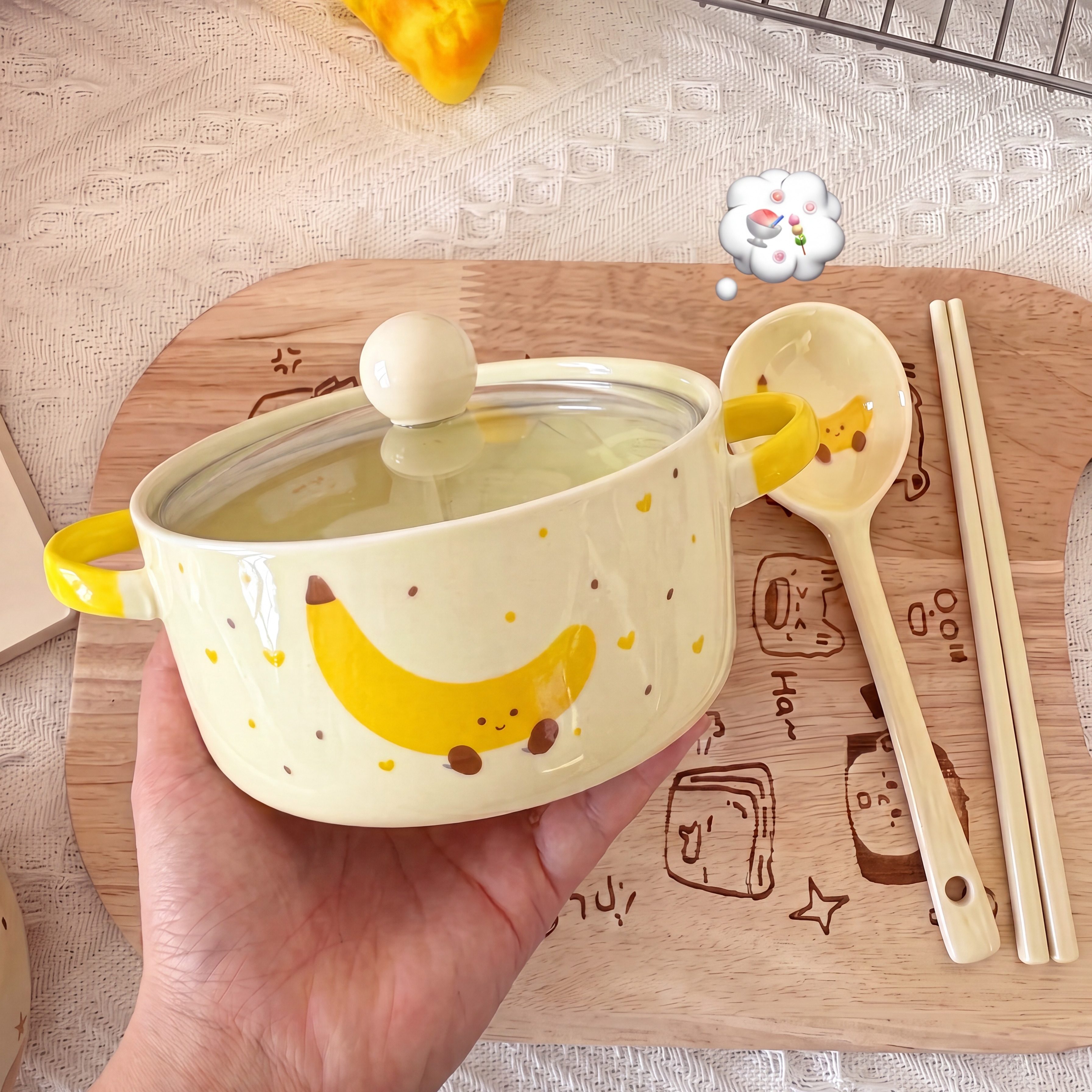 可爱香蕉泡面碗带盖餐具漂亮饭碗图片