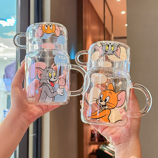 可爱猫和老鼠玻璃水壶带盖把手一人饮泡茶杯耐高温高硼硅玻璃水杯