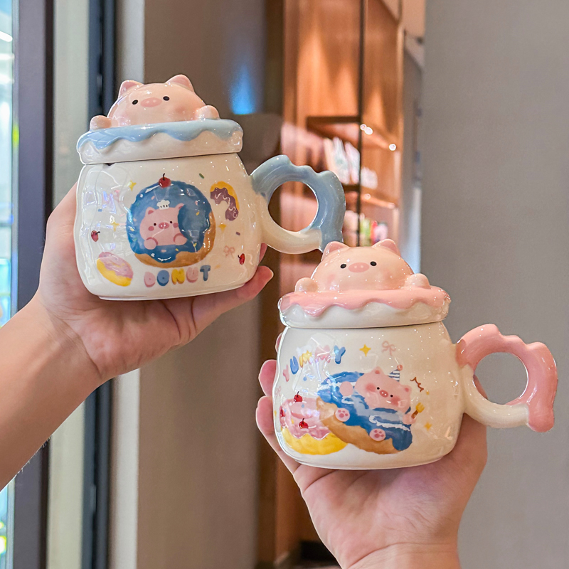 小猪马克杯女生可爱陶瓷杯子带盖勺生日礼物情侣咖啡水杯伴手礼盒