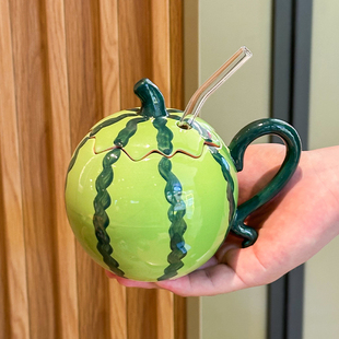 可爱卡通西瓜吸管水杯马克杯创意陶瓷杯子带盖办公室大容量咖啡杯