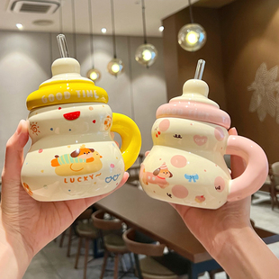 生日礼物女生可爱腊肠狗杯子高颜值吸管杯陶瓷马克杯带盖伴手礼物