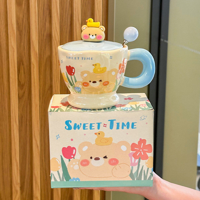 ins可爱小熊杯子高颜值陶瓷马克杯带盖勺儿童牛奶咖啡杯生日礼物,餐饮具,马克杯,淘宝优惠券,粉丝福利购,淘宝优惠卷
