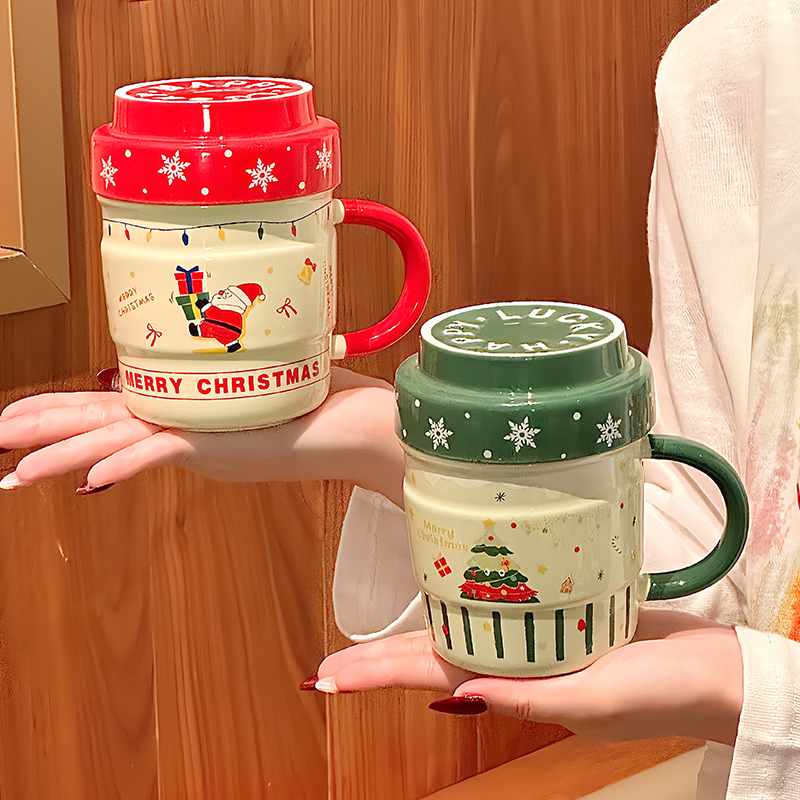 高颜值圣诞老人陶瓷马克杯带盖勺