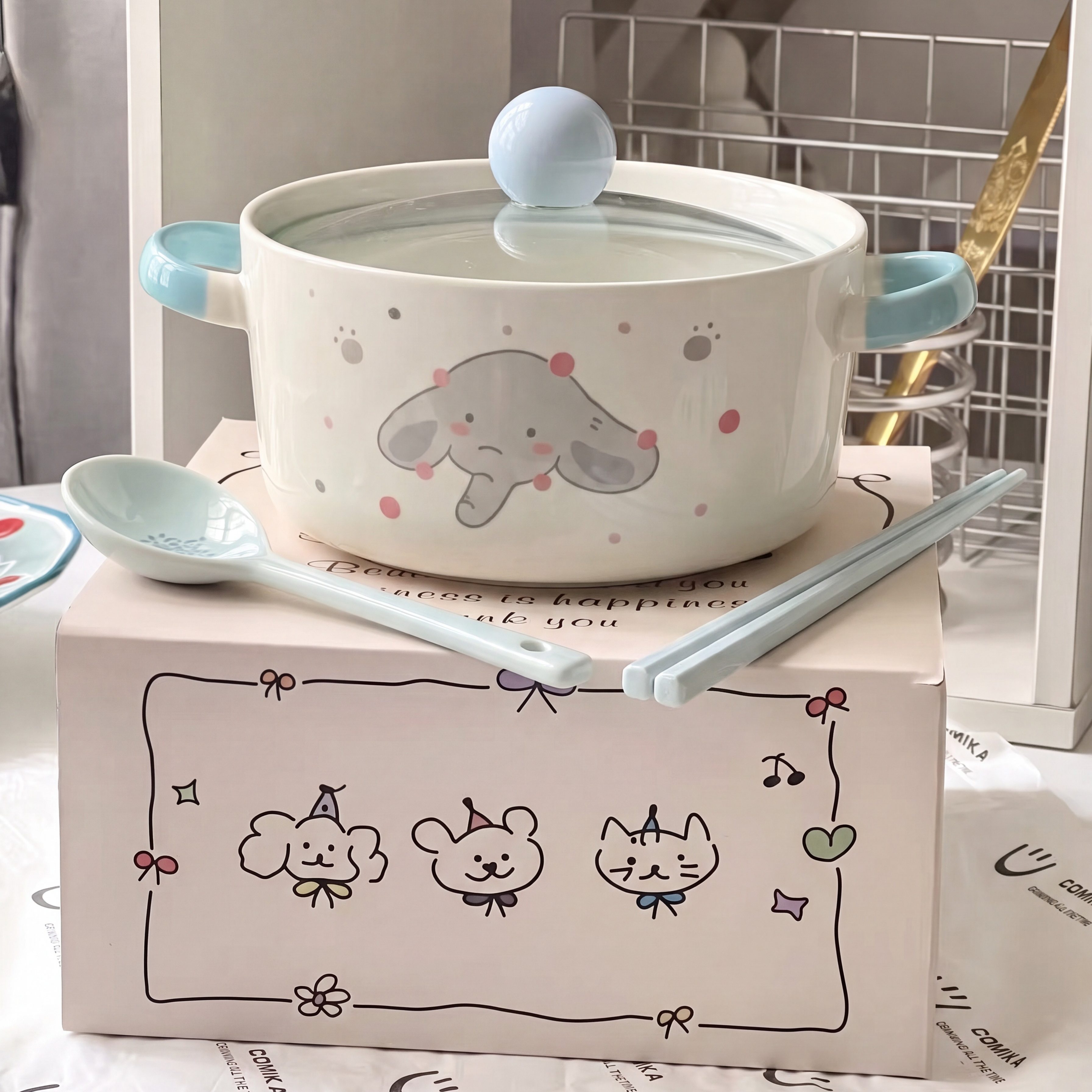 可爱小象泡面碗餐具双耳汤碗带盖图片