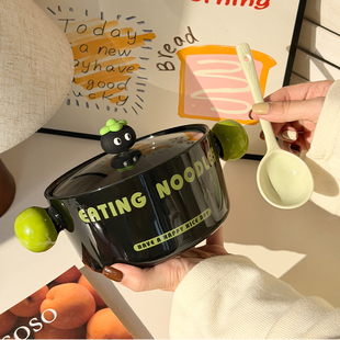 陶瓷泡面碗双耳汤碗高颜值宿舍学生用螺狮嗦粉碗个人专用碗带盖勺