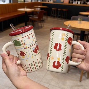 ins复古花朵杯子女生高颜值陶瓷马克杯带盖家用吸管水杯生日礼物