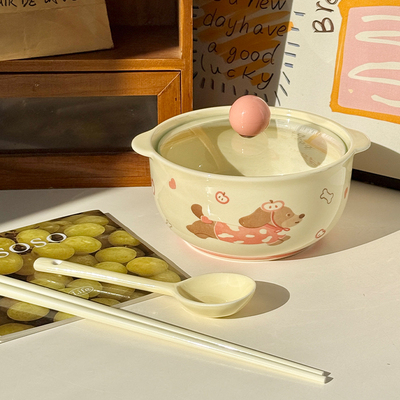 可爱高颜值腊肠狗泡面碗带盖带勺
