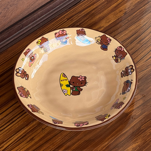 可爱网红黑皮kt猫咪陶瓷圆形早餐盘蛋糕甜品盘高颜值小众家用餐具