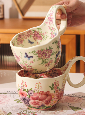 复古繁花似锦陶瓷马克杯曲把杯带勺家用早餐燕麦片碗下午茶咖啡杯