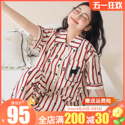 条纹小狗睡衣夏季女款纯棉梭织棉短袖长裤高级感可外穿家居服套装