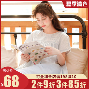 睡裙女夏季纯棉纱布日系精美刺绣条纹短袖薄款全棉家居服女士睡衣