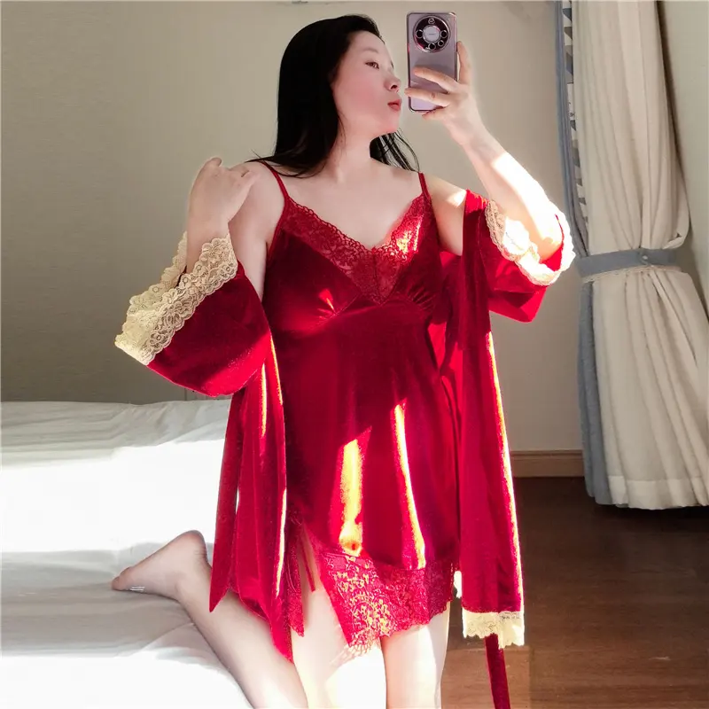 1077大码胖mm200斤性感蕾丝带胸垫吊带睡衣两件套开叉睡裙家居服
