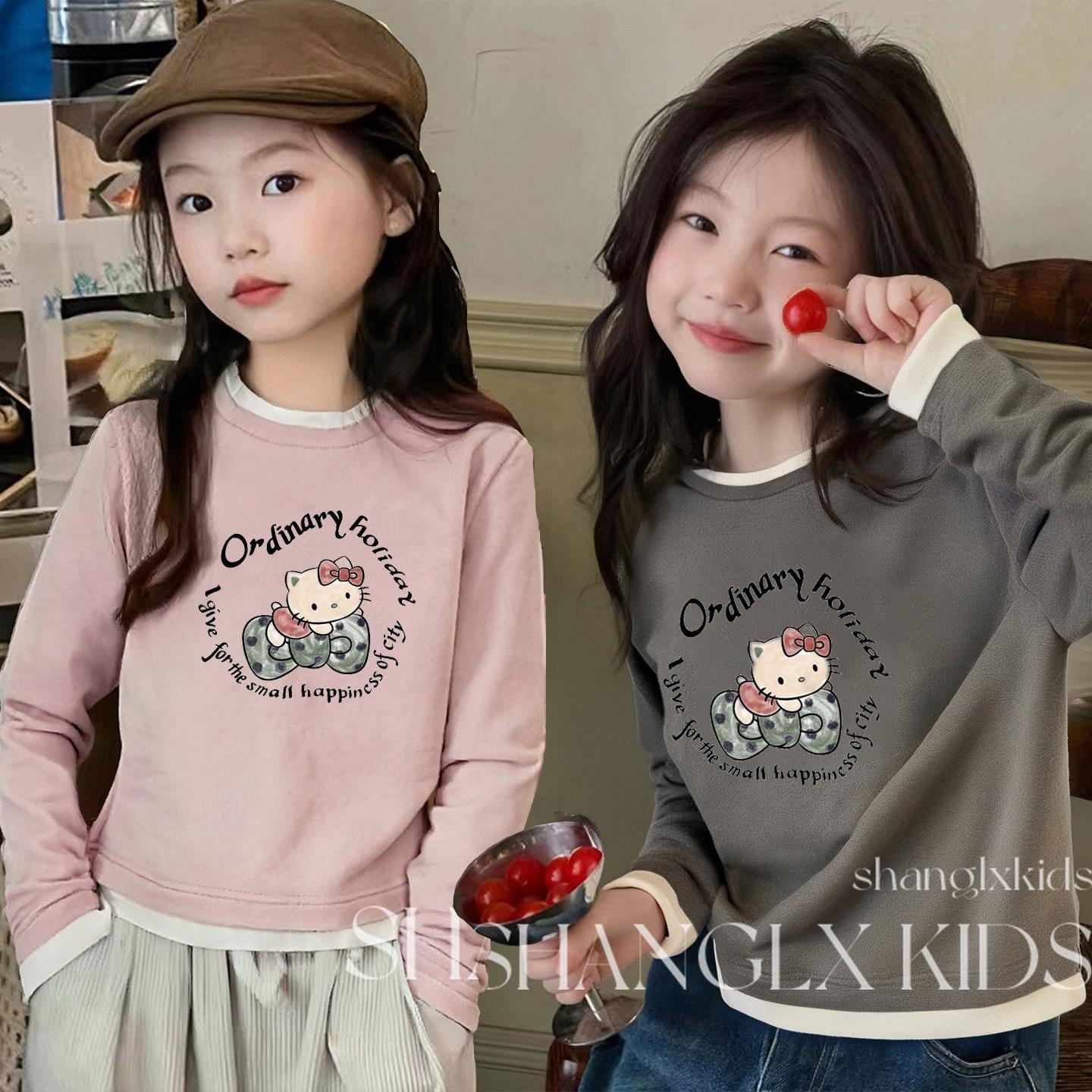 女童秋装T恤中大童长袖秋季打底衫2025新款洋气假两件纯棉上衣ins