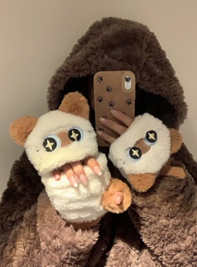 可爱暹罗猫毛绒翻盖半指手套女冬季加绒加厚保暖骑行防寒学生写字