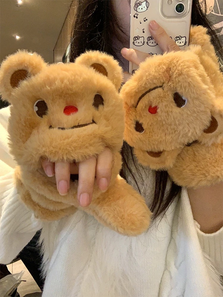 可爱小熊半指翻盖毛绒手套女秋冬季保暖加绒加厚可爱学生写字防寒