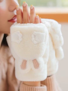 半指翻盖毛绒手套女秋冬学生可爱兔耳保暖加绒加厚高颜值可触屏